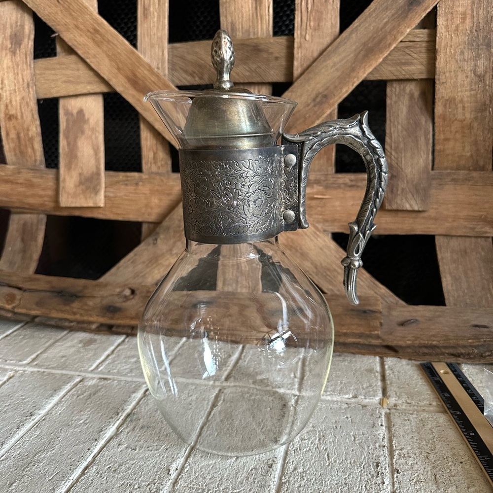 Vintage Corning Glass Heat-Proof Coffee Pot Silver Plate Filigree Decanter